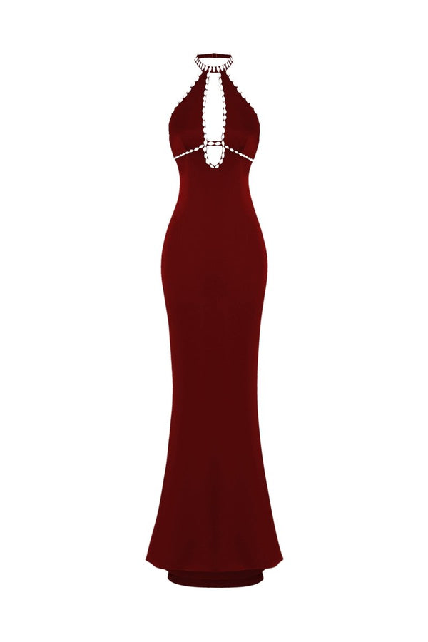 rasario Crystal-embellished satin maxi dress with cutout burgundy 047DX013 – RASARIO