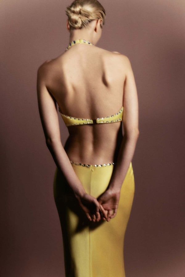 Rasario Crystal-embellished Satin Maxi Dress With Cutouts Grey 024DX020 – RASARIO