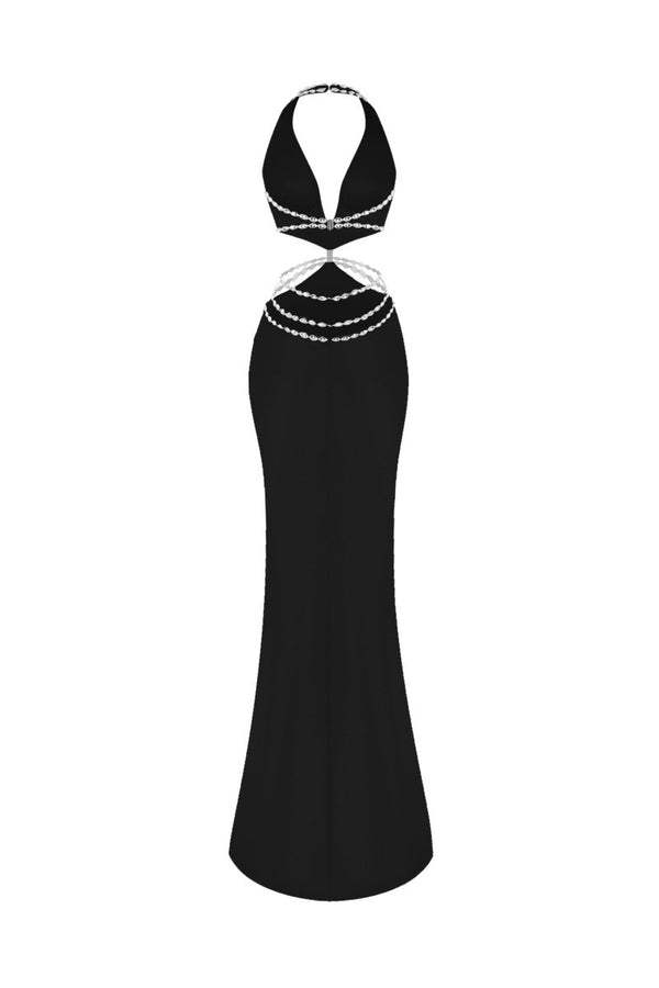 Rasario Crystal-embellished Satin Maxi Dress With Cutouts Black 001DX001 – RASARIO