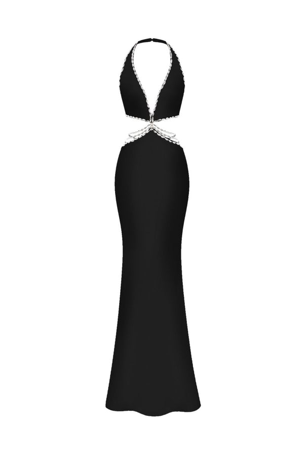 rasario Crystal-embellished satin maxi dress with cutouts black 001DX001 – RASARIO