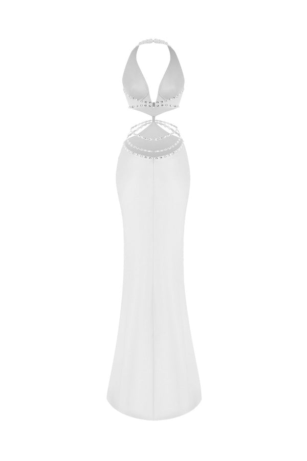Rasario Crystal-embellished Satin Maxi Dress With Cutouts White 001DX002 – RASARIO