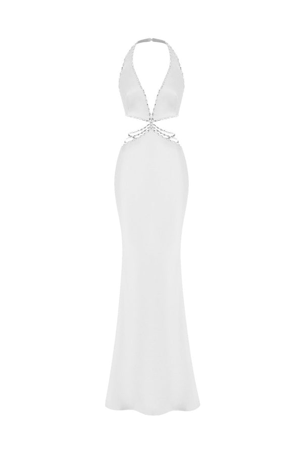 rasario Crystal-embellished satin maxi dress with cutouts white 001DX002 – RASARIO