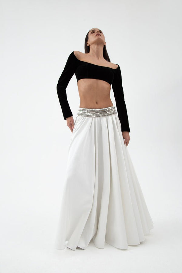 Rasario Crystal Embellished Satin Maxi Skirt White F057X020 – RASARIO