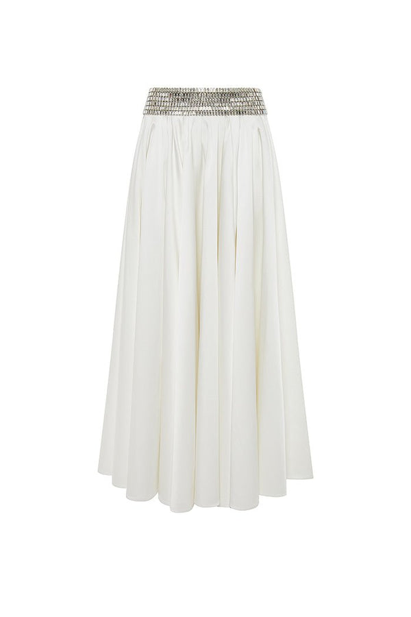 Rasario Crystal Embellished Satin Maxi Skirt White F057X020 – RASARIO