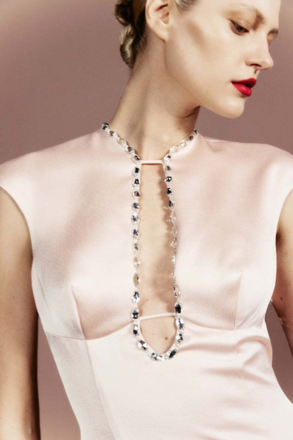 Rasario Crystal-embellished Satin Midi Dress With Cutout Black 008DD001 – RASARIO