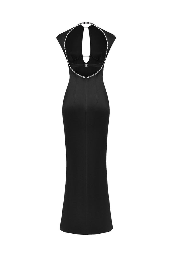 Rasario Crystal-embellished Satin Midi Dress With Cutout Black 008DD001 – RASARIO