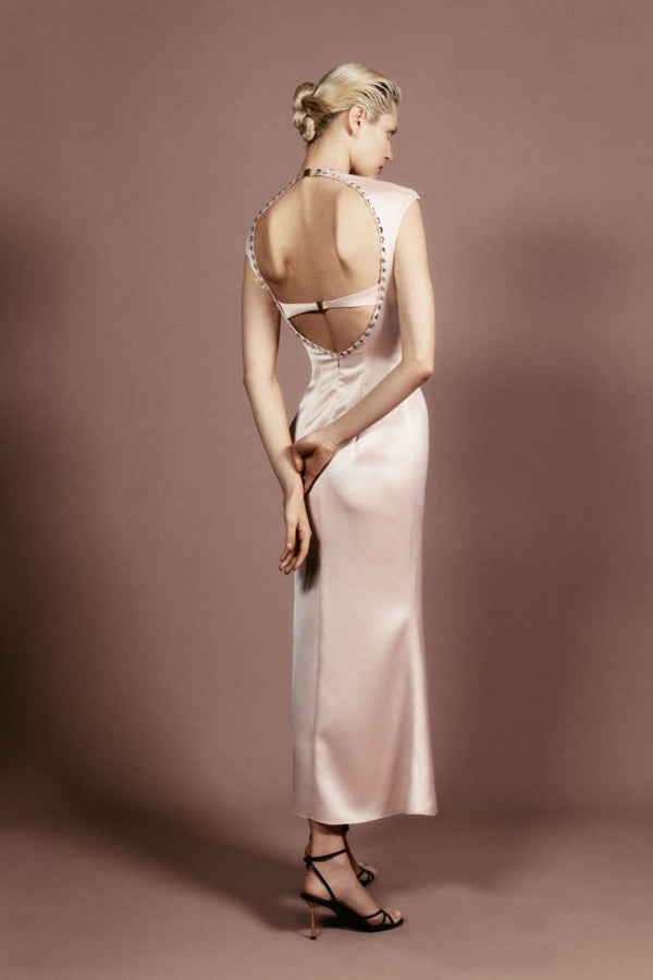 Rasario Crystal-embellished Satin Midi Dress With Cutout Black 008DD001 – RASARIO