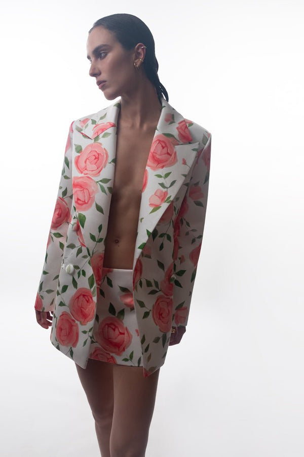 Rasario Double-breasted Floral Printed Satin Blazer Light Pink/white S102A620 – RASARIO