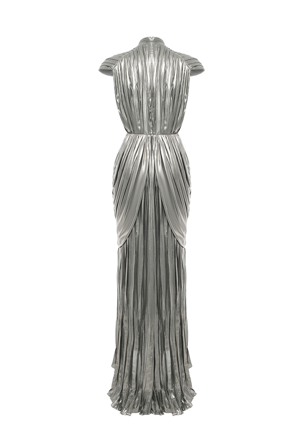 Rasario Draped Chiffon Maxi Dress Silver 029DX011 – RASARIO