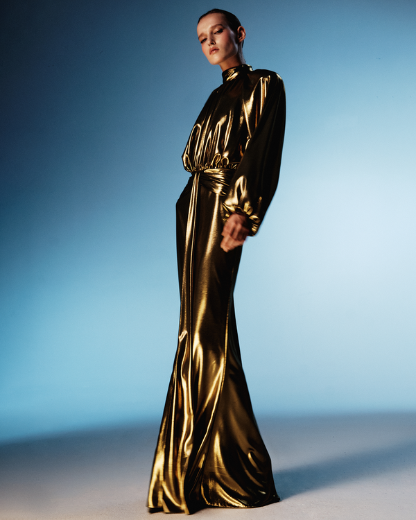 Rasario Draped Chiffon Maxi Dress With Voluminous Shoulders And An Open Back Silver 105DX011 – RASARIO