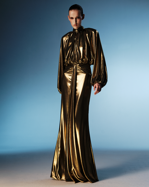 Rasario Draped Chiffon Maxi Dress With Voluminous Shoulders And An Open Back Silver 105DX011 – RASARIO