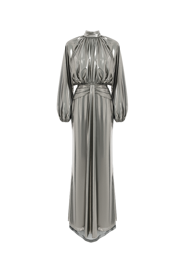 rasario Draped chiffon maxi dress with voluminous shoulders and an open back silver 105DX011 – RASARIO