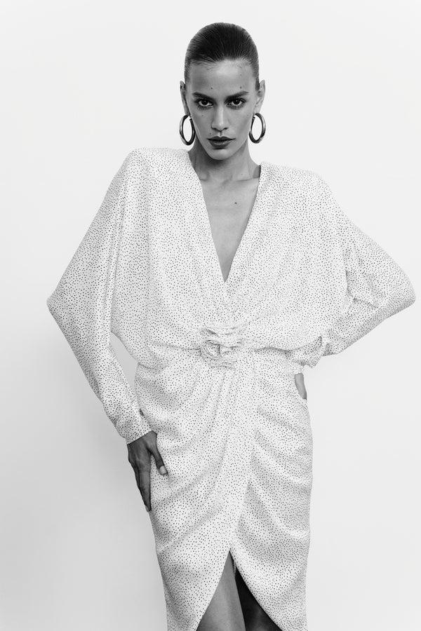 Rasario Draped Chiffon Midi Dress White 019DD002 – RASARIO