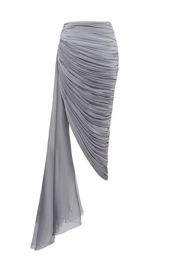 Rasario Draped Chiffon Midi Skirt With A Side Train Grey 015SG020 – RASARIO