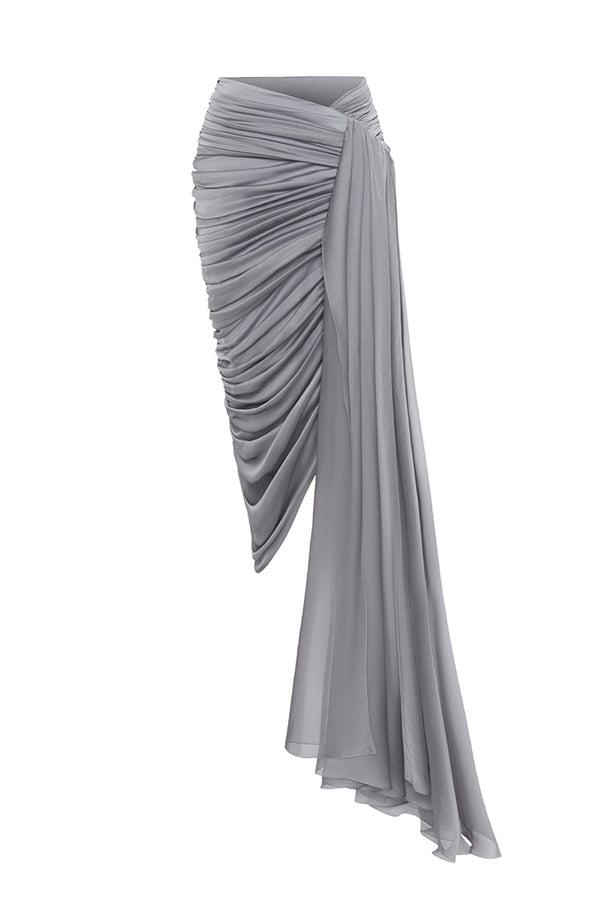 rasario Draped chiffon midi skirt with a side train grey 015SG020 – RASARIO