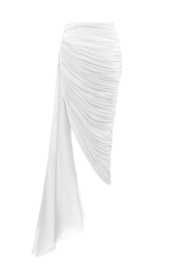 Rasario Draped Chiffon Midi Skirt With A Side Train White 015SG002 – RASARIO