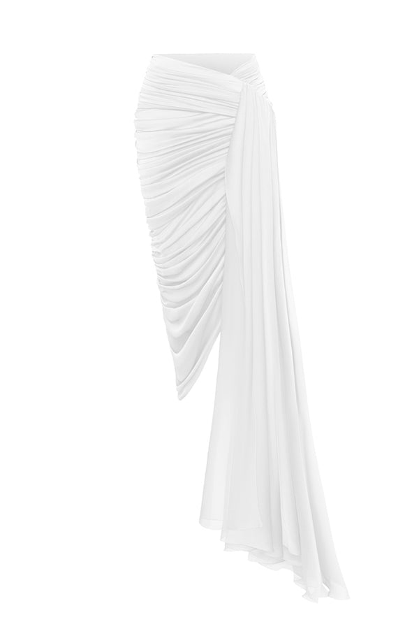rasario Draped chiffon midi skirt with a side train white 015SG002 – RASARIO