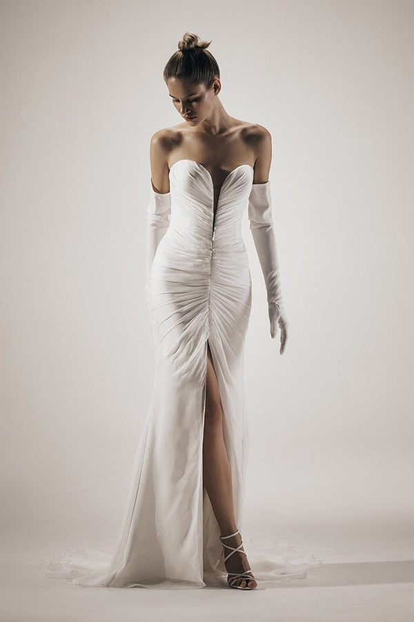 Rasario Draped Corset Silk Chiffon Maxi Dress With A Train B007G020 – RASARIO