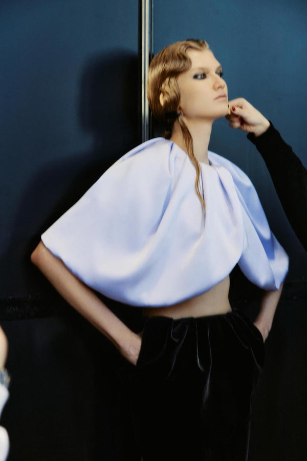 Rasario Draped Cropped Satin Top Grey 081TP020 – RASARIO