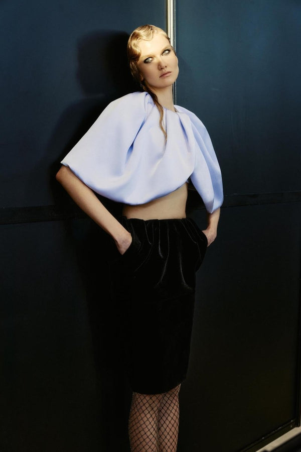 Rasario Draped Cropped Satin Top Grey 081TP020 – RASARIO