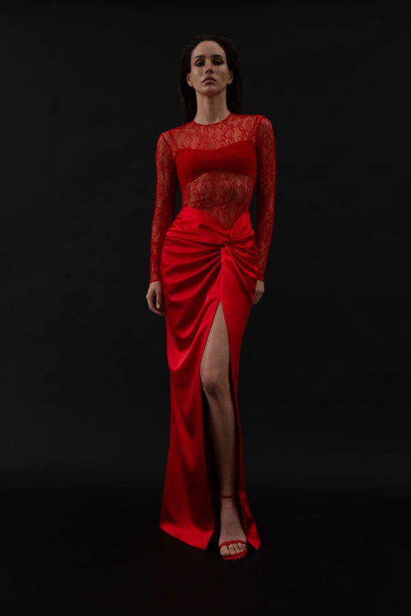 Rasario Draped Lace And Satin Maxi Dress With A Covering Top Black F049X01Z – RASARIO