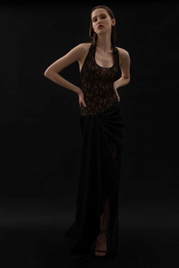 Rasario Draped Lace And Satin Maxi Dress With A Train Black F043X010 – RASARIO
