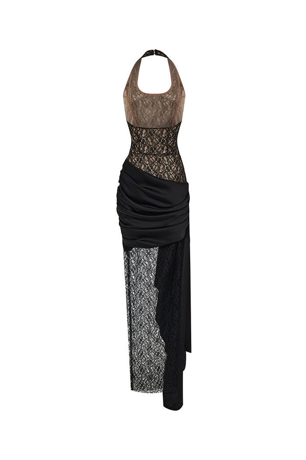 Rasario Draped Lace And Satin Maxi Dress With A Train Black F043X010 – RASARIO