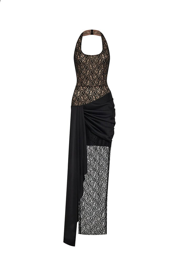 rasario Draped lace and satin maxi dress with a train black F043X010 – RASARIO