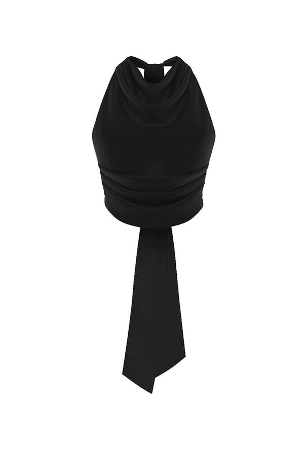 rasario Draped open-back satin top black S091A010 – RASARIO