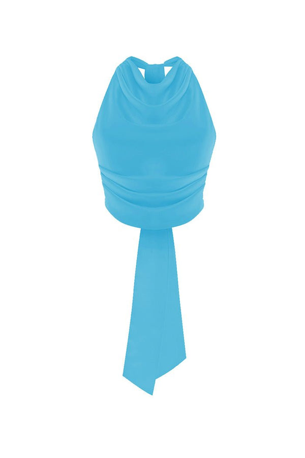 rasario Draped open-back satin top turquoise S091A770 – RASARIO