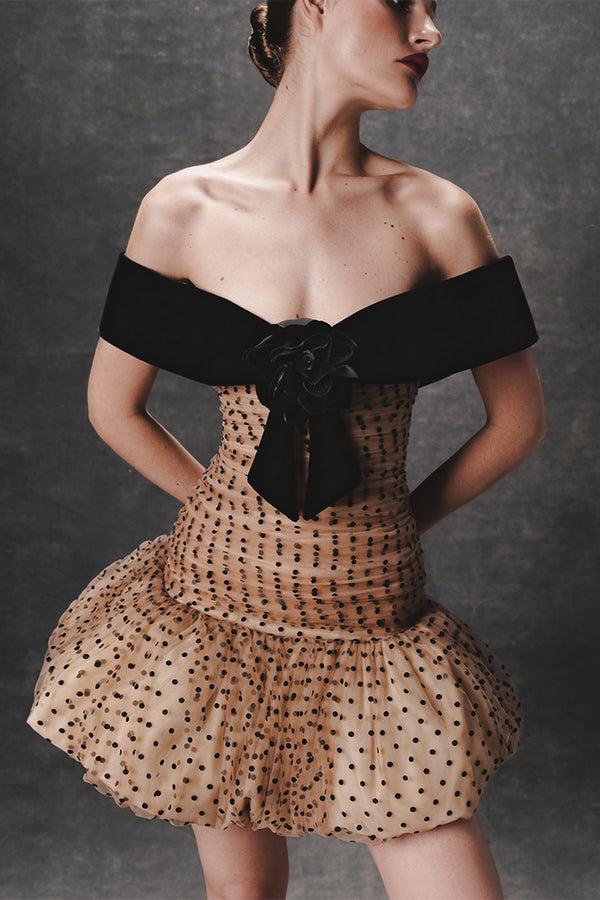 Rasario Draped Polka Dot Tulle And Velvet Mini Dress Beige 034DN006 – RASARIO