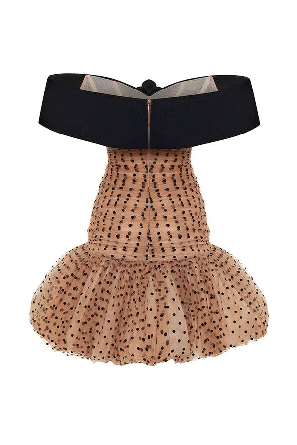 Rasario Draped Polka Dot Tulle And Velvet Mini Dress Beige 034DN006 – RASARIO