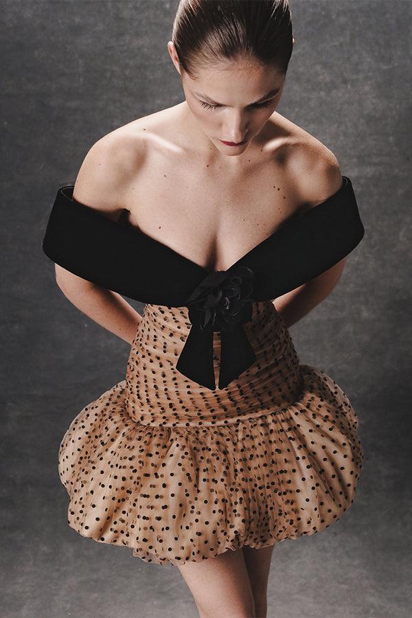 Rasario Draped Polka Dot Tulle And Velvet Mini Dress Beige 034DN006 – RASARIO