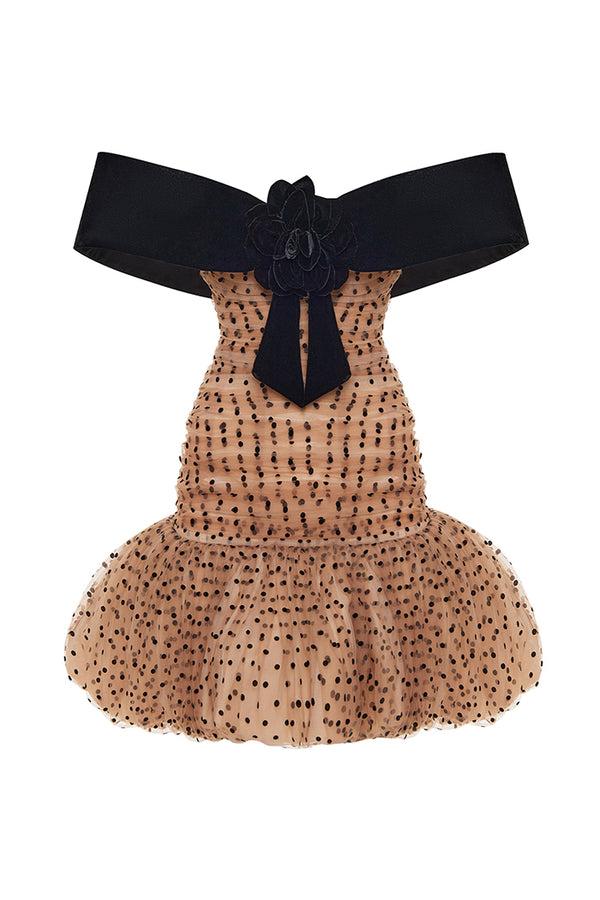 rasario Draped polka dot tulle and velvet mini dress beige 034DN006 – RASARIO