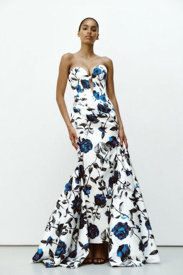 Rasario Draped Printed Satin Gown With A Side Train White S047G020 – RASARIO