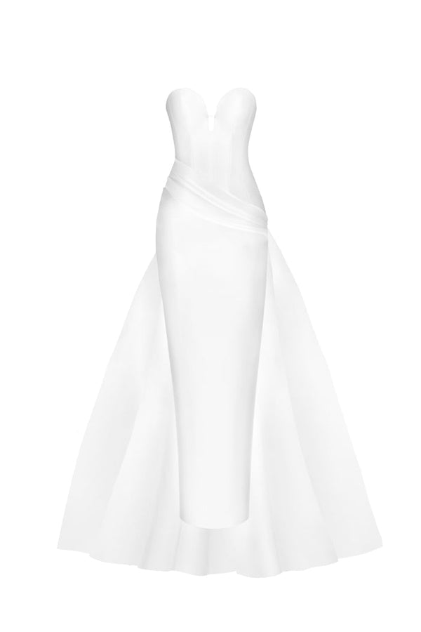 rasario Draped printed satin gown with a side train white S047G020 – RASARIO