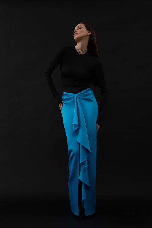 Rasario Draped Satin And Biflex Maxi Dress Black-red F056X800 – RASARIO