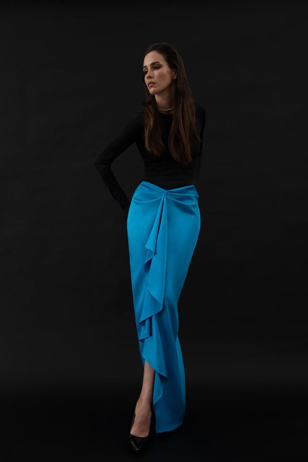 Rasario Draped Satin And Biflex Maxi Dress Black-red F056X800 – RASARIO