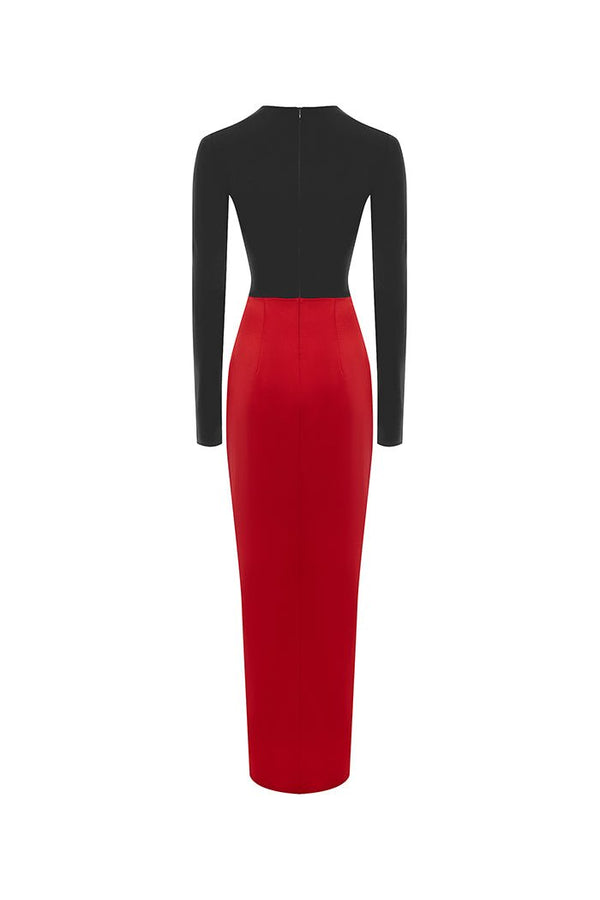 Rasario Draped Satin And Biflex Maxi Dress Black-red F056X800 – RASARIO