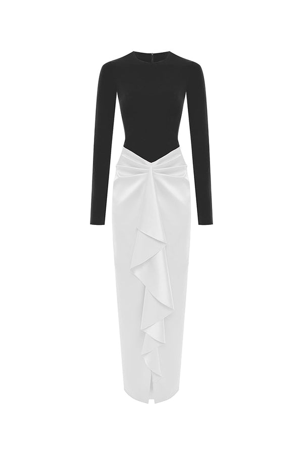 rasario Draped satin and biflex maxi dress black-white F056X120 – RASARIO