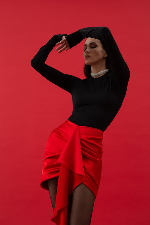 Rasario Draped Satin And Biflex Mini Dress With A Train Black-red F066N850 – RASARIO