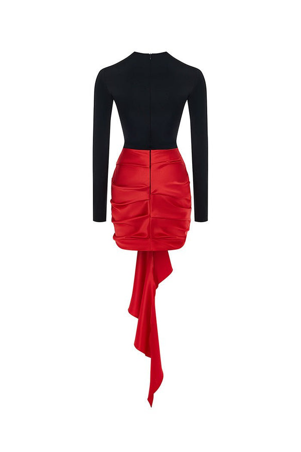Rasario Draped Satin And Biflex Mini Dress With A Train Black-red F066N850 – RASARIO