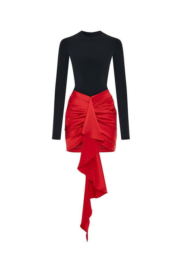 rasario Draped satin and biflex mini dress with a train black-red F066N850 – RASARIO