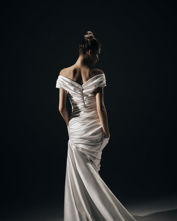 Rasario Draped Satin Gown With A Train B001G020 – RASARIO