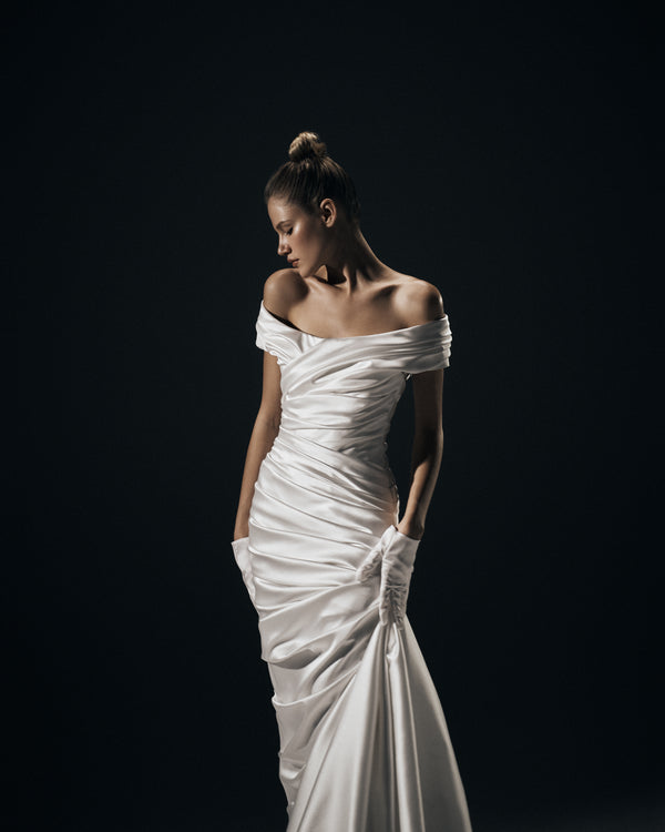 Rasario Draped Satin Gown With A Train B001G020 – RASARIO