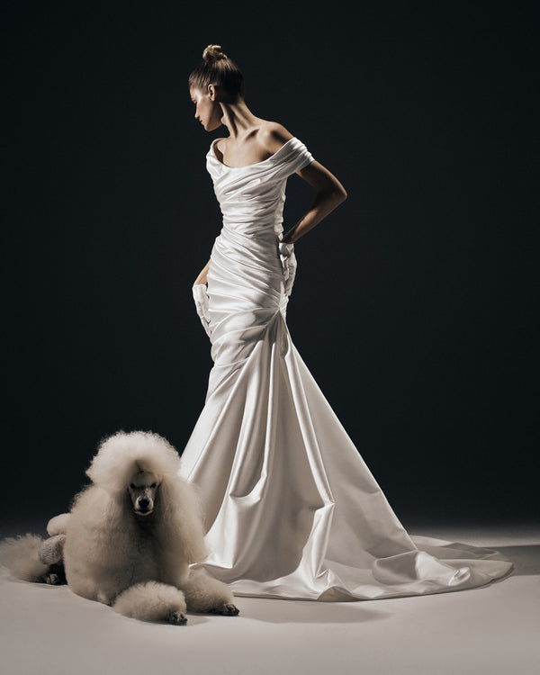 rasario Draped satin gown with a train B001G020 – RASARIO