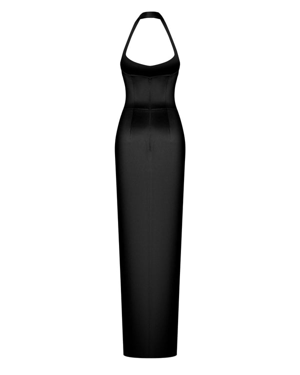Rasario Draped Satin Gown With Straps Black F023X010 – RASARIO