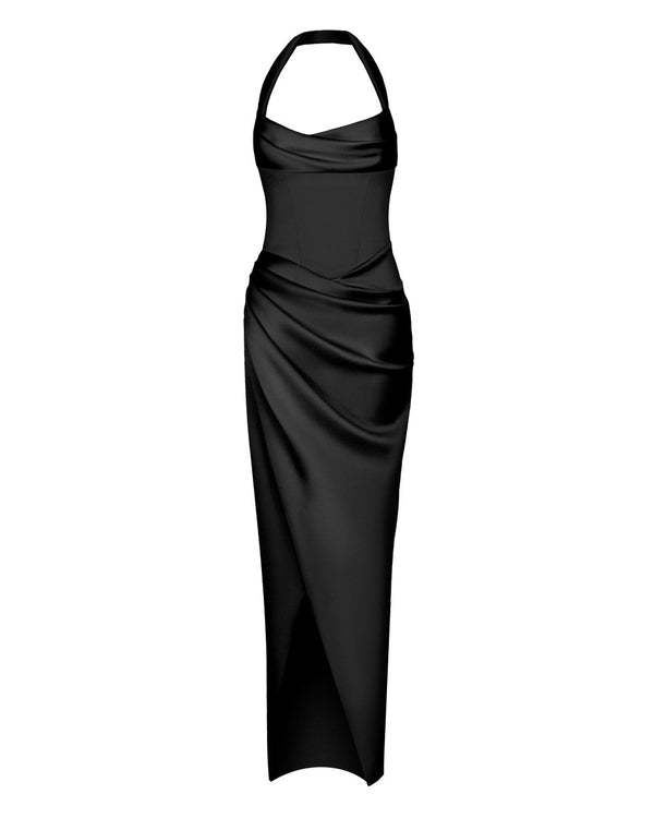 rasario Draped satin gown with straps black F023X010 – RASARIO