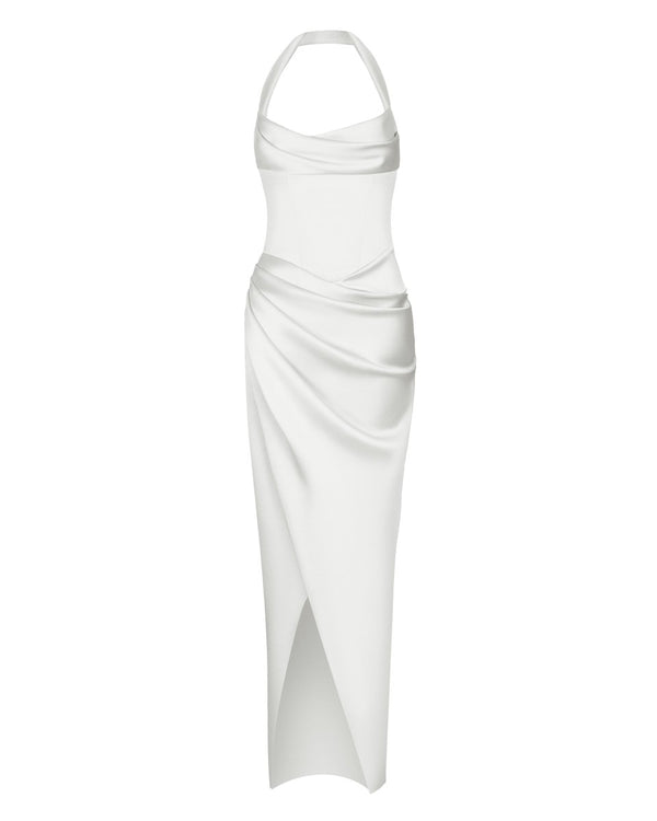 rasario Draped satin gown with straps white F023X020 – RASARIO