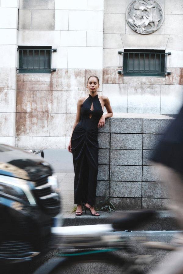 Rasario Draped Satin Long Midi Dress With Cutout Black S034M010 – RASARIO